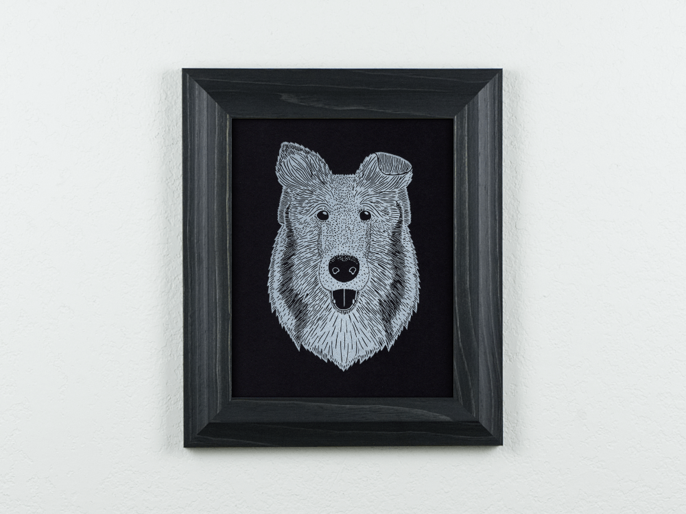 Collie Linocut on black paper