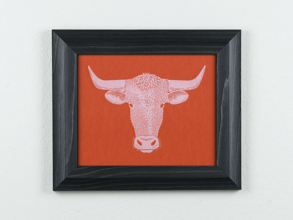 Longhorn linocut on orange paper
