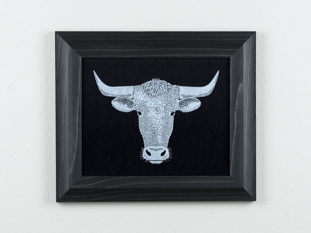 Longhorn Linocut on black paper