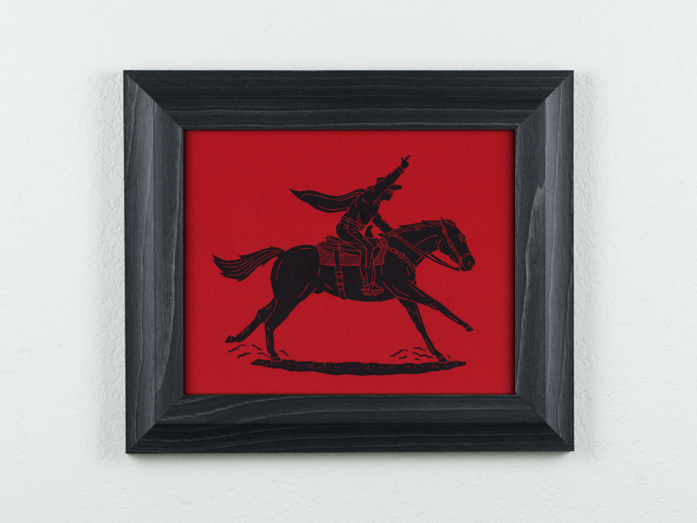 Masked Rider linocut on red paper