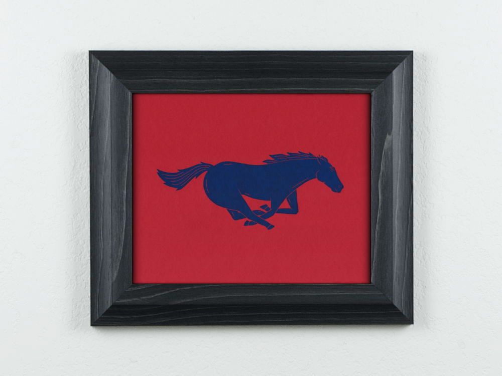 Mustang block print, blue ink on red paper