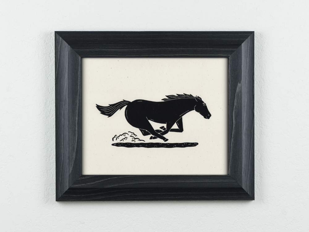 Mustang linocut black ink on white paper